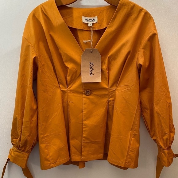 Listicle 2 Button Tie Sleeve Peplum Flare Top - Picture 4 of 7